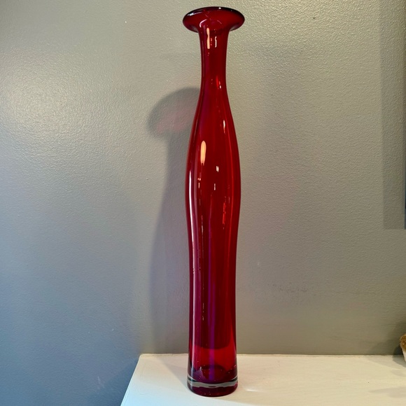 Tall art red glass curvy bottle. Approx. 19”H. Beautiful Czechoslovakian glass - Picture 1 of 13